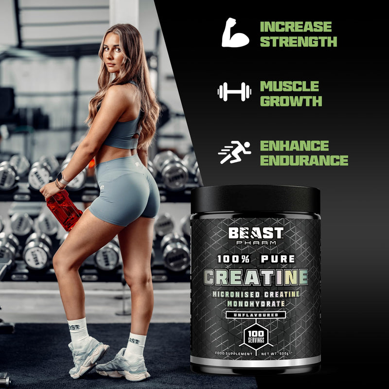 Beast Creatine Monohydrate Powder 100 Servings (500g) Easy Dissolve 100% Pure Micronised Creatine Powder for Strength and Muscles - Unflavoured 100 Servings (500g)