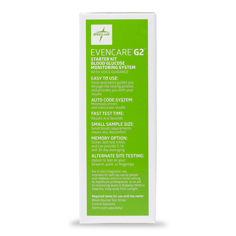[Australia] - Medline EvenCare G2 Blood Glucose Monitor Starter Kit, Diabetic Care, 6 Sec Results, General Purpose Lancing Device & Lancets, Test Strips, Batteries, Guide, Carrying Case, Logbook, Voice Guidance 