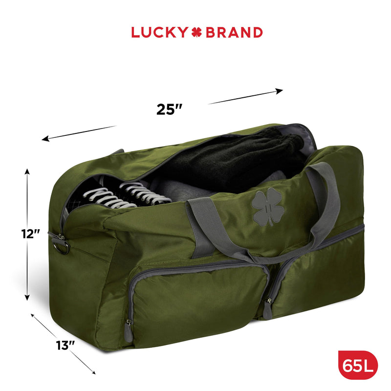 Lucky Brand Large Duffle Bag for Travel, Foldable Weekender Overnight Bag | Travel Duffel bag, Adjustable Shoulder Strap, Front Zip Pockets, Spacious Capacity, Unisex Lightweight Travel Bag for Flights Loden Green 65L