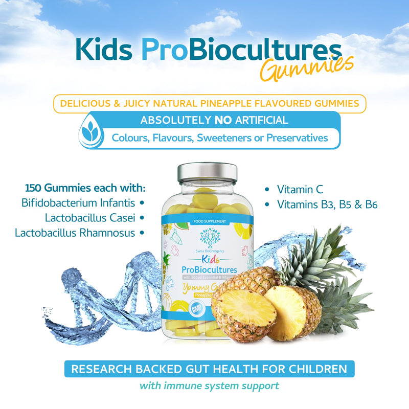 Kids Probiotics/ProBiocultures Gummies - 150 Children's probiotics Multi-Strain Gummies - Natural Pineapple Flavour – with Added B & C Vitamins for Immune Support - 5 Month Supply – UK Made 150 Gummies