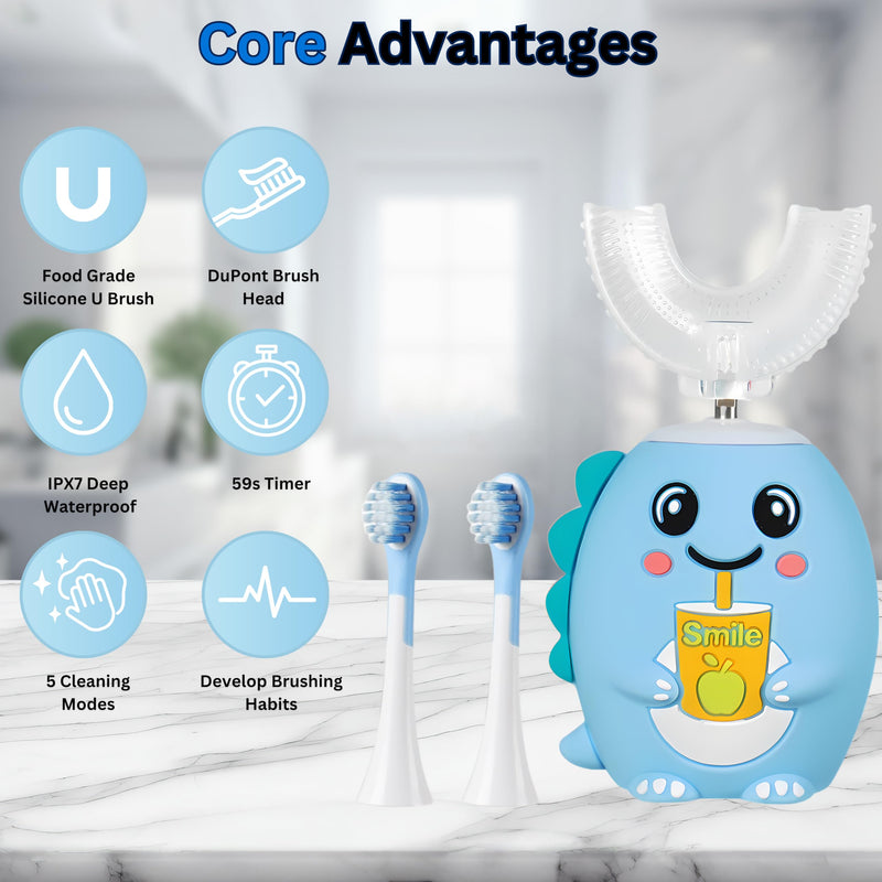 [Australia] - LOOT Kids U Shaped Electric Toothbrush with 4 Brush Heads, 5 Cleaning Modes, Sonic Toothbrush Kids with 60s Smart Reminder, Cartoon Dinosaur 360-Degree Cleaning IPX7 Waterproof Design (Blue, 2-6) Blue 1 Count (Pack of 1) 