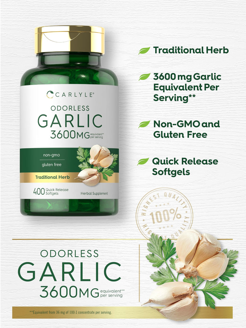 [Australia] - Carlyle Odorless Garlic Softgels 3600 mg | 400 Count | Allium Sativum Bulb | Non GMO, Gluten Free Supplement 
