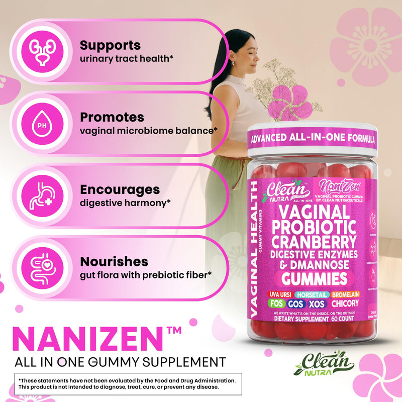 Clean Nutra Vaginal Probiotic Gummies for Women Cranberry Digestive Enzymes D Mannose Womens Probiotic Dmannose Horsetail Bromelain Chicory Fiber Feminine Care Prebiotics Inulin Papaya Enzyme Gummy