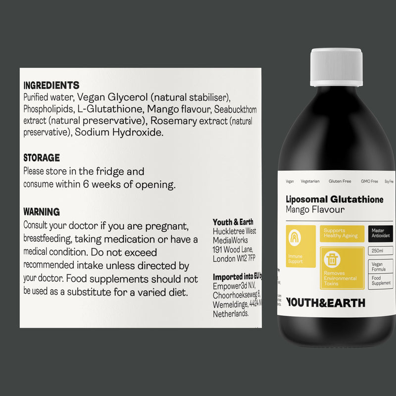 Youth & Earth Liposomal Glutathione Liquid 250ml - Antioxidant Glutathione Supplement for Natural Anti Aging - Pure Vegan Formula to Support Immune - 400mg Per Serving | Mango Flavor