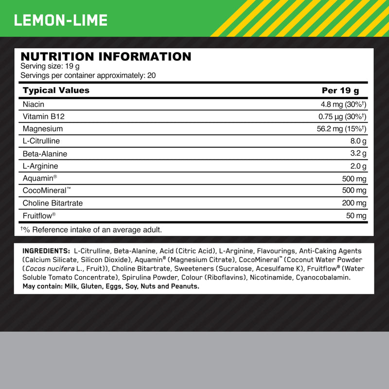 Optimum Nutrition ON Platinum Pump Pre-Workout, Intense Caffeine-Free Pre-Workout Food Supplement with Fruitflow, Beta-Alanine, L-Arginine, L-Citrulline, Lemon Lime Flavour, 20 Servings, 380 g