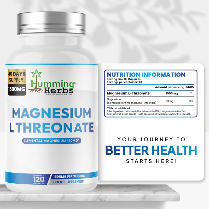 Humming Herbs Magnesium L-Threonate Supplement 1500mg per Serving | Provides 120mg Elemental Magnesium (30% NRV) | 120 Vegan Capsules | 40 Day Supply