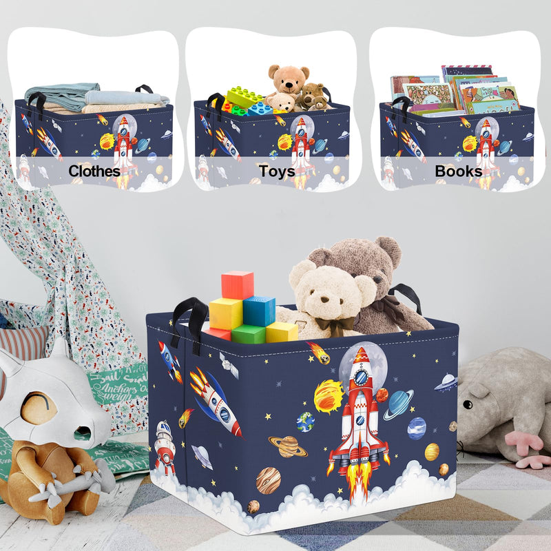 [Australia] - Clastyle Space Rocket Launch Storage Basket Boy Pool Beach Towel Bin Blue Planets Toy Book Shelf Basket Meteorit Rectangle Gift Clothes Cube 40*30*30 cm 