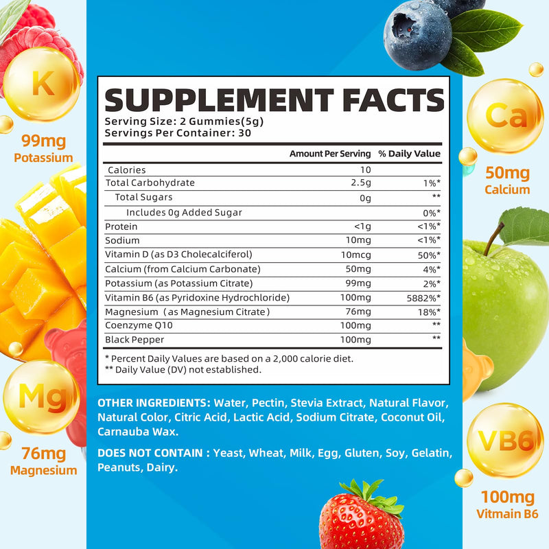 softbear Potassium Gummies for Adults, High Absorption Potassium Magnesium Supplement with Vitamin B6 CoQ10 for Leg Cramps & Muscle Health Sugar-Free Vegan Mixed Fruit Flavor 60 Gummies 60 Count (Pack of 1)
