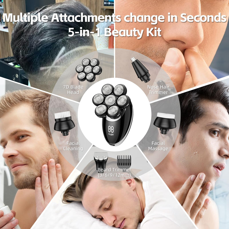 [Australia] - Head Shaver for Bald Men, 7D Electric Rechargeable Wet/Dry Shaving Razor with LED Display, 5-in-1 Grooming Kit Waterproof Bald Head Trimmer, Ideal Gift for Men (Black) Black 
