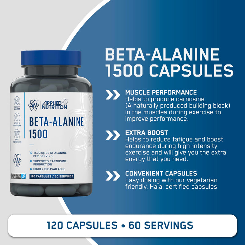 Applied Nutrition Beta Alanine 1500, Amino Acid Supplement, Strength & Performance, 750mg Beta Alanine Per Capsule (120 Capsules - 60 Servings)