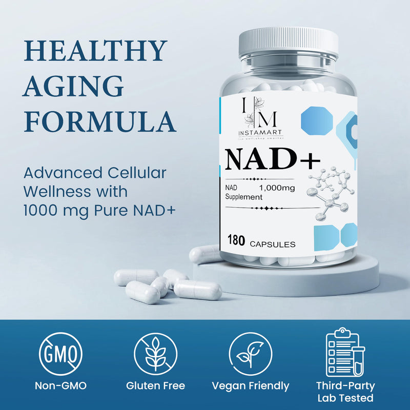 INSTAMART NAD Supplements for Women & Men (180 Capsules) Organic NAD + Supplement 1000mg Serving | Similar to Nicotinamide Riboside | Advanced Formula for Cellular Health, Stamina & Healthy Aging