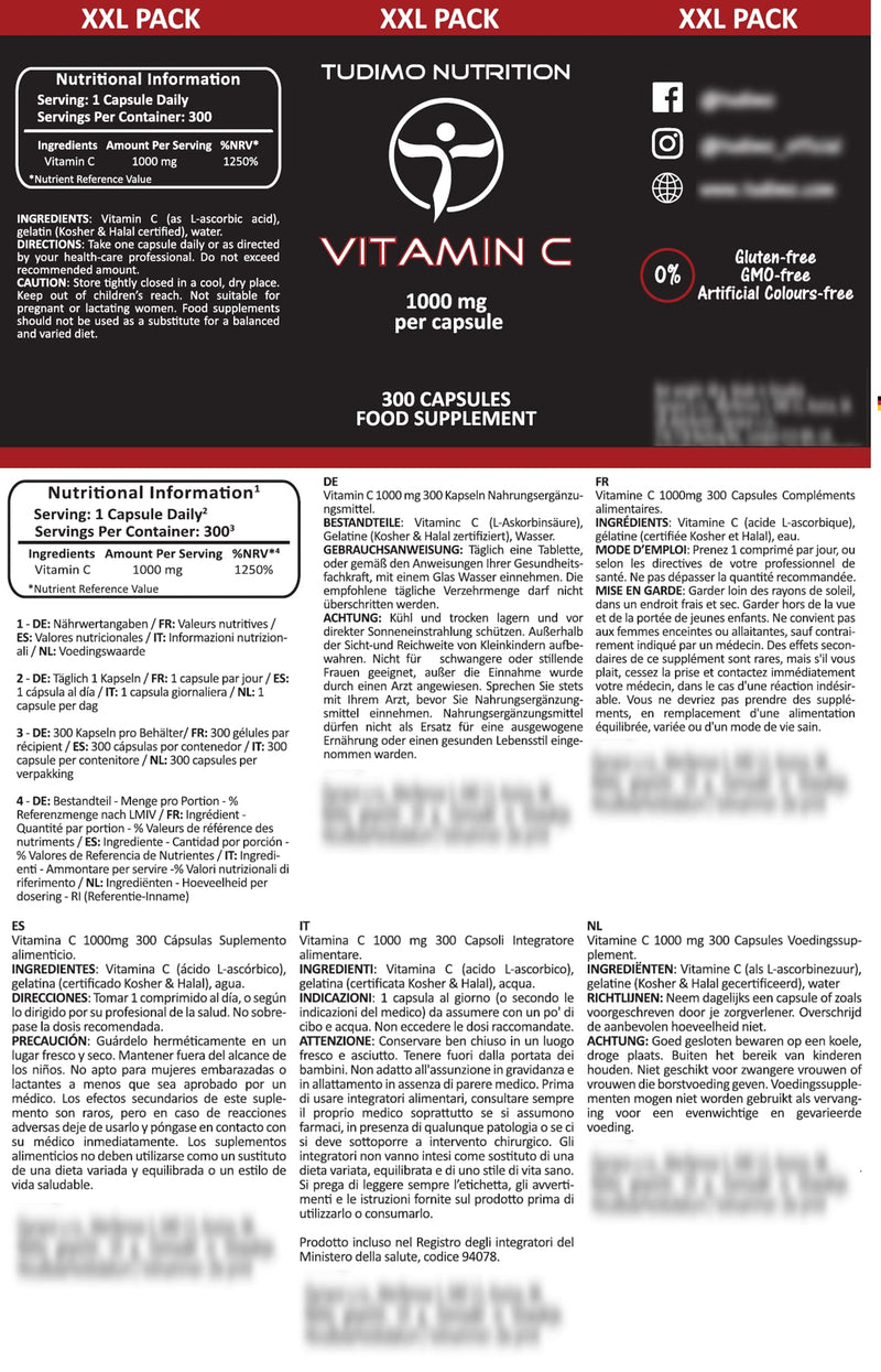 Vitamin C 1000mg Capsules - 300 pcs (10 Month Supply) of Rapidly Disintegrating Capsules, Each with 1000mg of Premium Quality & Pure Ascorbic Acid (VIT C) Powder in Large Family XXL Pack 300 count (Pack of 1)