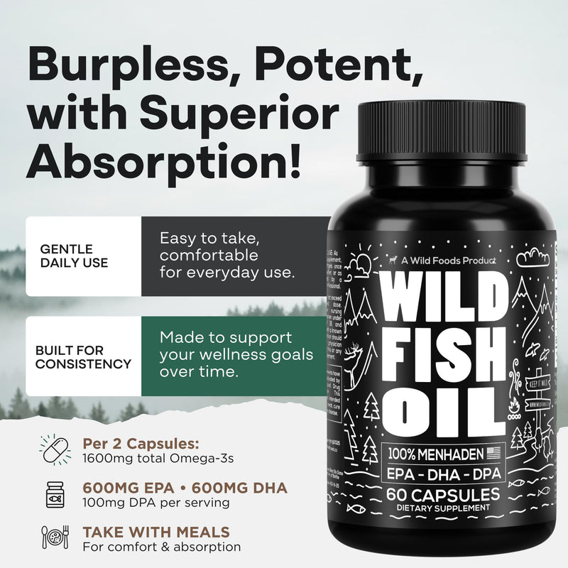 Wild Foods Fish Oil Omega 3 Supplements, 1600mg EPA DHA DPA, 60 Capsules | Burpless, Odorless, Non-GMO, Gluten Free, Supports Brain, Heart & Joint Health, 30 Servings, 1 Pack, Worldwide Sourced 60 Count (Pack of 1)