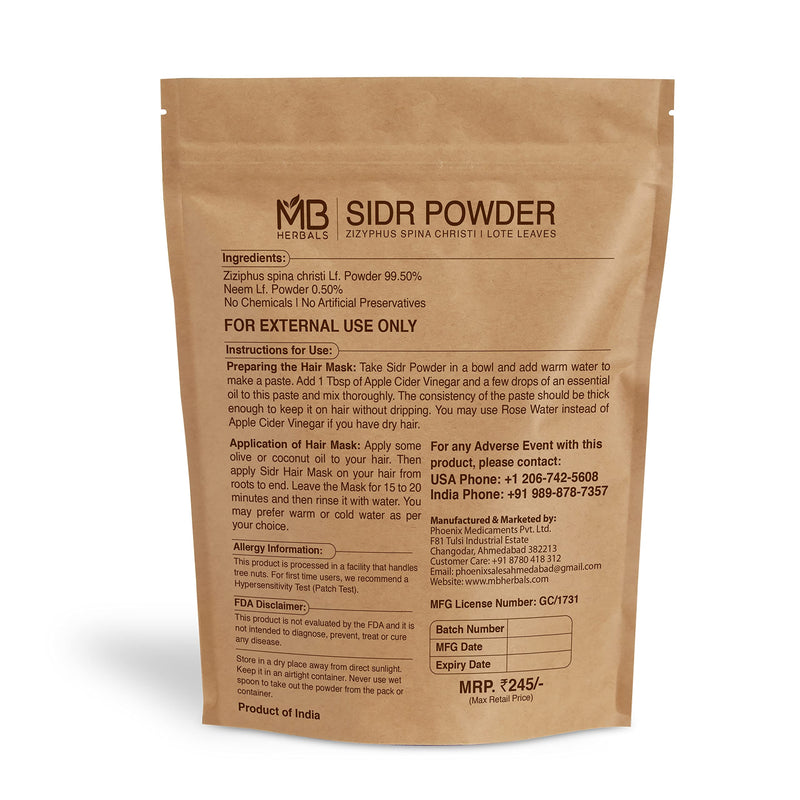 [Australia] - MB Herbals Sidr Powder 8 oz / 0.5 Pound (227 Gram) | WildCrafted | Seder Lote Leaves | Ziziphus spina christi | Natural Hair Conditioner & Cleanser | Sidr 99.5%, Neem 0.5% 8 Ounce (Pack of 1) 