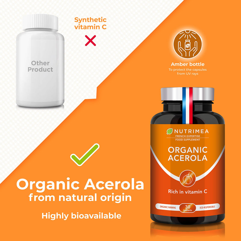Organic ACEROLA 1000 mg | Natural Vitamin C | Highly Concentrated | Reduces Fatigue, Protects from Oxidative Stress & Strengthens the Immune System | 30 Vegan Tablets | French Expertise