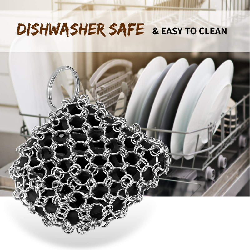 [Australia] - Herda Cast Iron Scrubber Scraper Tool Kit, 4Pieces Cast Iron Skillet Cleaner Cleaning Care Kit 316 Chain Mail Scrubber, Steel Skillet Brush Plastic Pan Scraper Set for Grill Griddle Pot Dish Food Red 4Pieces kit 