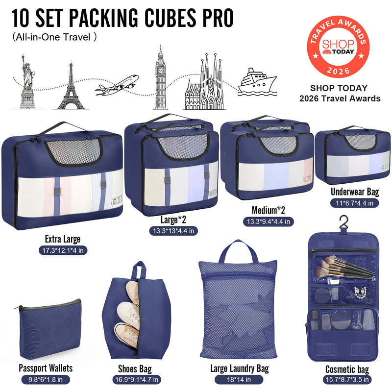 Veken 10 Set Packing Cubes for Travel Essentials,Anti-Wrinkle Buckled Suitcase Organizer for Shoe & Toiletry Bag,Carry On Luggage Bag with 99+ Count Mesh Holes for Airplane & College Dorm Accessories 05 Indigo Blue