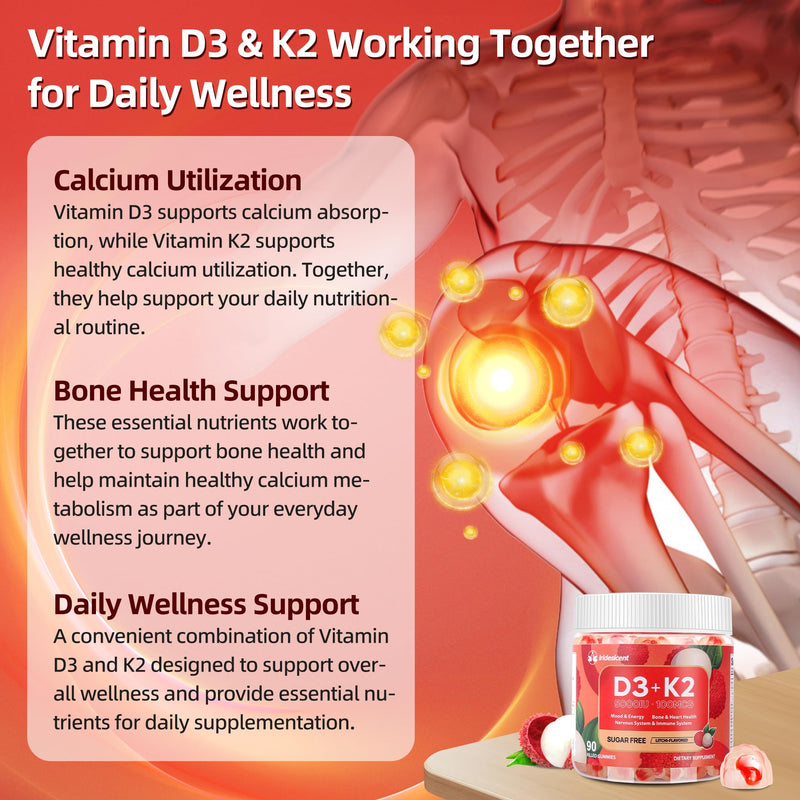 Vitamin D3 K2 Gummies, 5000 IU D3 + 100mcg K2, 90 Count | D3 K2 Supplement with MK-7, Sugar Free Vegan Gummies, Supports Bone Health for Adults, Lychee Flavor 90 Count (Pack of 1)