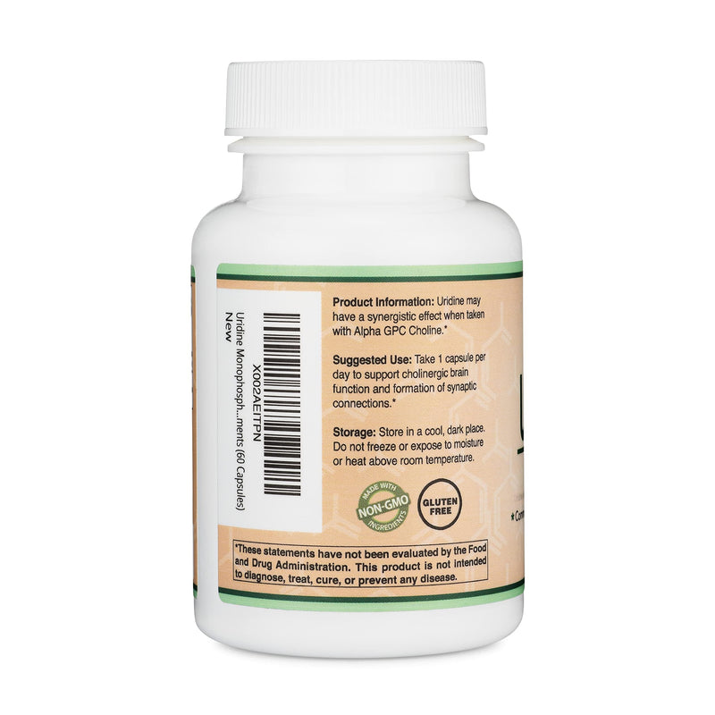 Uridine Monophosphate - Third Party Tested (Choline Enhancer, Beginner Nootropic) (300mg, 60 Capsules) Synergy with Alpha GPC Choline for Brain Health and Memory by Double Wood (Pack of 2) 60 Count (Pack of 2)