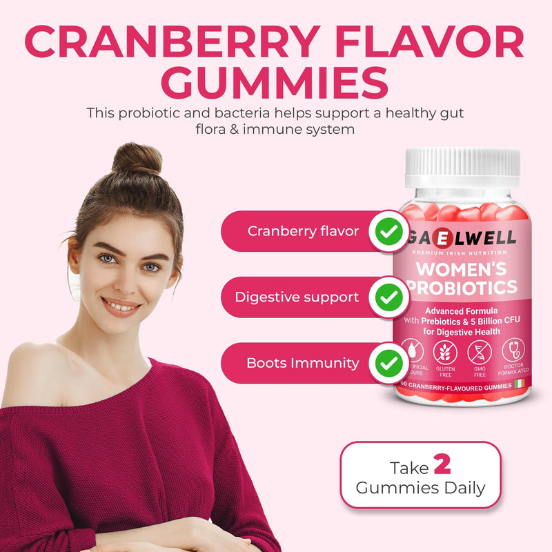 Women’s Probiotic Gummies | 5 Billion CFU, 6 Strains with Fibre | Daily Supplement for Women | Vegan, Gluten & Dairy Free | Cranberry Flavour | 60 Gummies
