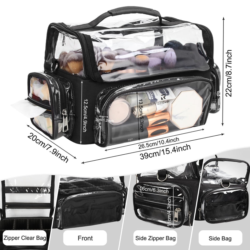 TANTO Makeup Brush Case, Clear Extra Large Cosmetic Organizer Holder Professional Makeup Artist Train Case with Adjustable Dividers&Strap Portable Makeup Brush Holder (02A-Black（XX Large）) A3-Black-Clear Style XX-Large