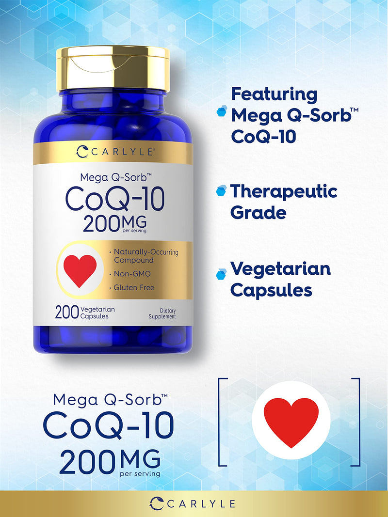 Carlyle CoQ10 200mg | 200 Capsules | Mega Q-Sorb Coenzyme Q-10 | Vegetarian, Non-GMO, Gluten Free