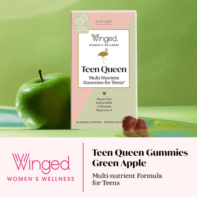 Winged Wellness Teen Queen, Multivitamin Gummies for Teen Girls, 60 Gummies | Teen Multi-Vitamins for Mood & Hormonal Health, Vegan Gummy Supplement - Chaste Tree, Lemon Balm, L-Theanine, & Huperzine A 50 Count (Pack of 1)