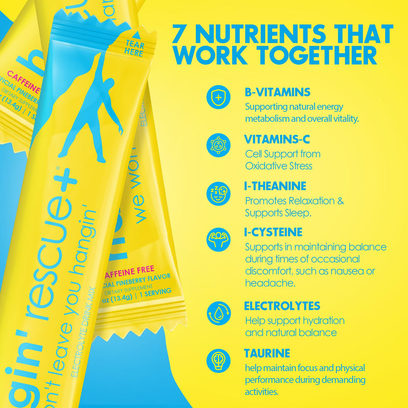 Hangin' Rescue+ Electrolyte Drink Mix | Rehydrate, Reduce Fatigue & Protect Cells with Electrolytes, B6, C, Taurine & L-Cysteine | Caffeine-Free | Travel-Ready | 13.4g Each (12, Original) 12