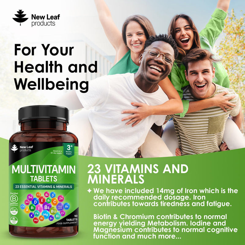 Multivitamin & Minerals 23 Essential Active Vegan High Strength Multivitamin Tablets for Women & Men with Iron A-Z Complete Daily Vegan Vitamins Gluten Free GMO Free (3 Month Supply) UK Made New Leaf 90 count (Pack of 1)
