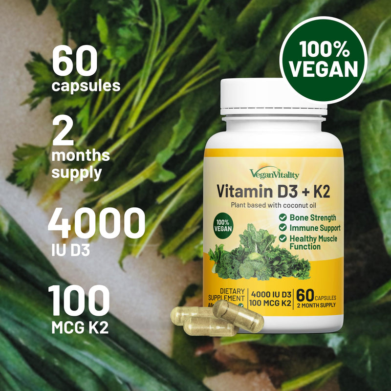 Vegan Vitality Vitamin D3 K2 4000IU (100mcg) with Coconut Oil, 100% Plant Based Vegan Vitamin D for Vegan and Vegetarian - 60 Capsules