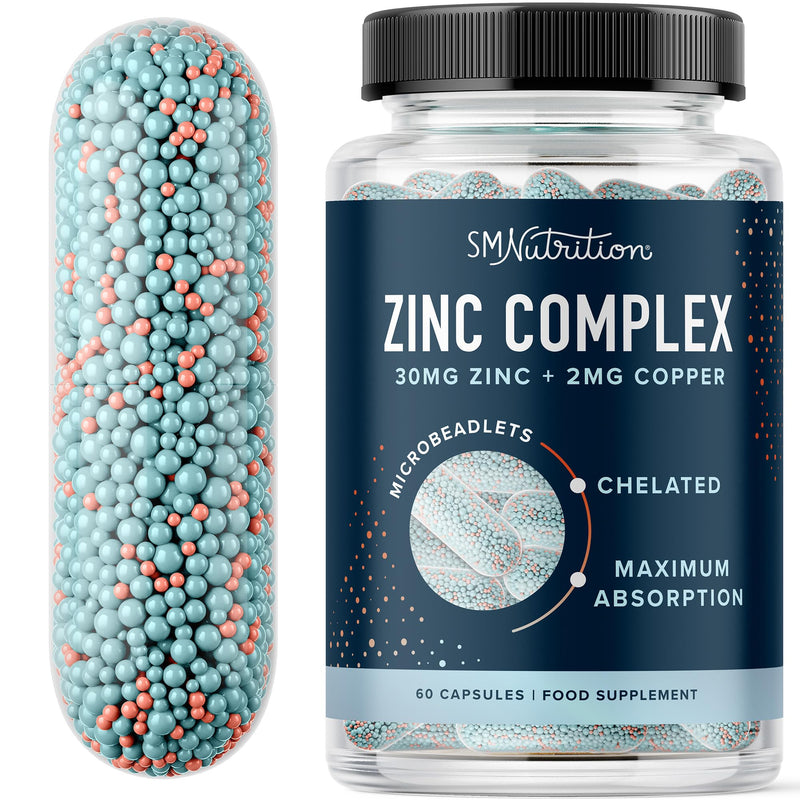 Zinc 30mg Microbeadlets with Copper | Highly Absorbable Zinc Bisglycinate & Orotate with 2mg Chelated Copper + Vitamin B6 | Vegan, Gluten-Free | Acne Support Supplements | 60 Capsules Beadlets