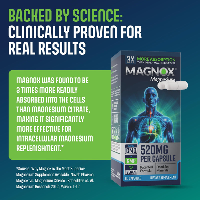 MAGNOX® 520 | Magnesium Supplement 520mg of High Absorption Magnesium for Men & Women with Dead Sea Minerals | 3X More Absorption | Patented Formula | Fast Sleep & Muscle Pain Relief (60 Vegan Caps) MAGNOX 520 1 count (Pack of 60)