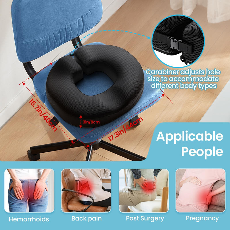 [Australia] - Benazcap Donut Pillow Seat Cushion for Tailbone Pain Relief, Strong Support Memory Foam Hemorrhoid Pillow by Ergonomic for Coccyx, Sciatica, Pregnancy, Postpartum 17.3"x15.3"x3" Black 