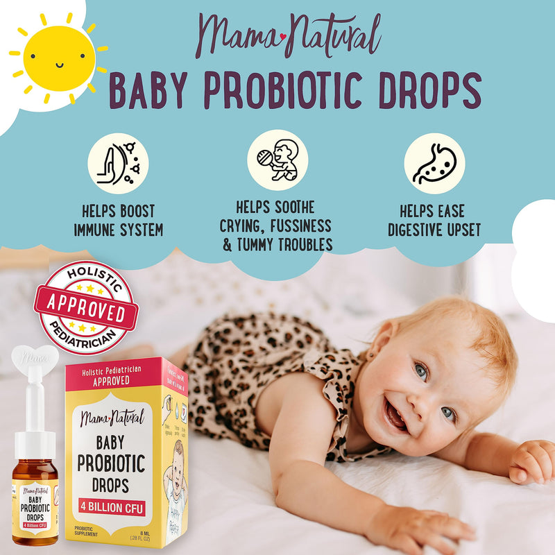 [Australia] - Mama Natural Baby Probiotic Drops (0.28 Fl Oz) | 4 Billion CFU Pediatrician-Tested Infant Probiotic Helps with Colic Relief for Newborns & Constipation Ease for Infants - Unflavored Baby Gas Drops 