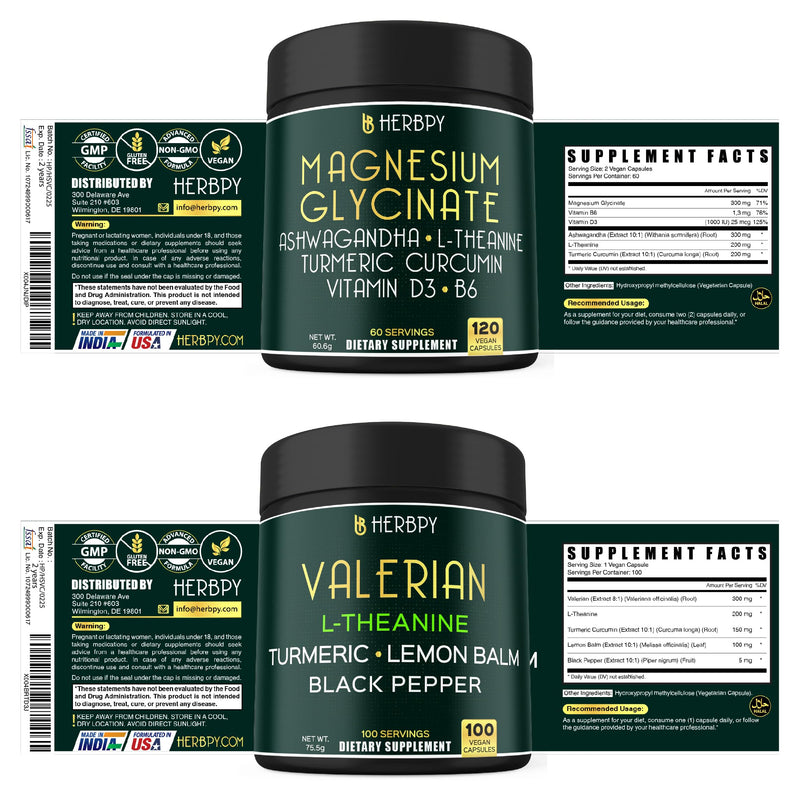 Herbpy Bundle 6in1 Magnesium Glycinate Supplement & 5in1 Valerian Root Capsules