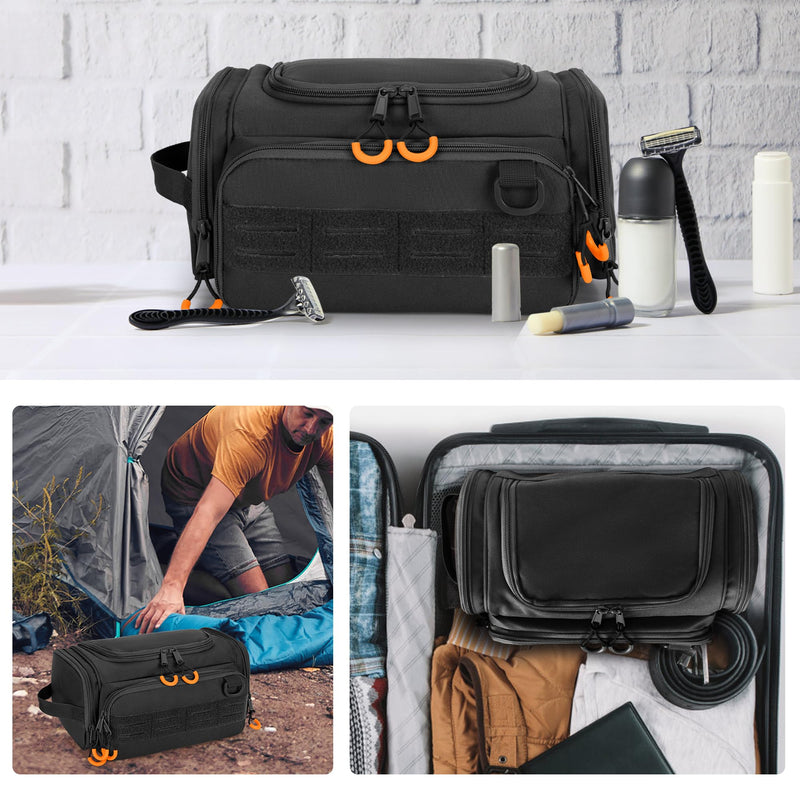Tactical Toiletry Bag for Men, Hanging Hygiene Bag, Travel Dopp Kit | Mens Toiletry Bag with Hook, Dry & Wet Pockets, Travel Hygiene Organizer Bag for Shaving, Shower Essentials and Toiletries Black