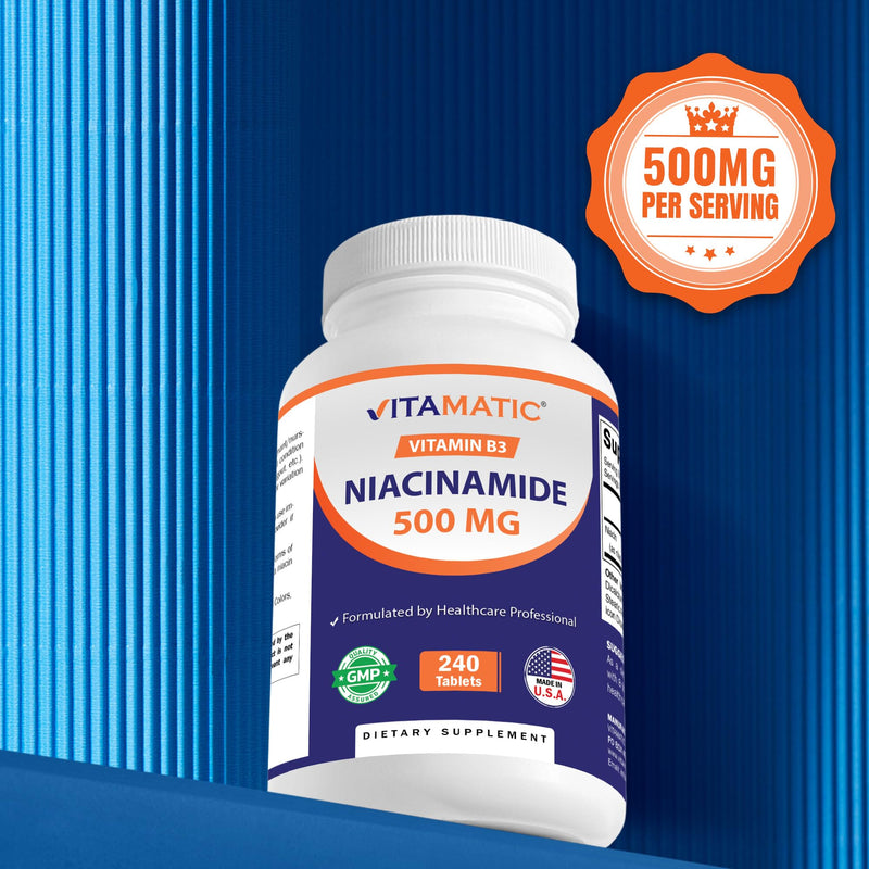 Vitamatic Niacinamide 500 mg 240 Tablets - Flush Free Vitamin B3 - Supports Energy Production 240 Count (Pack of 1)