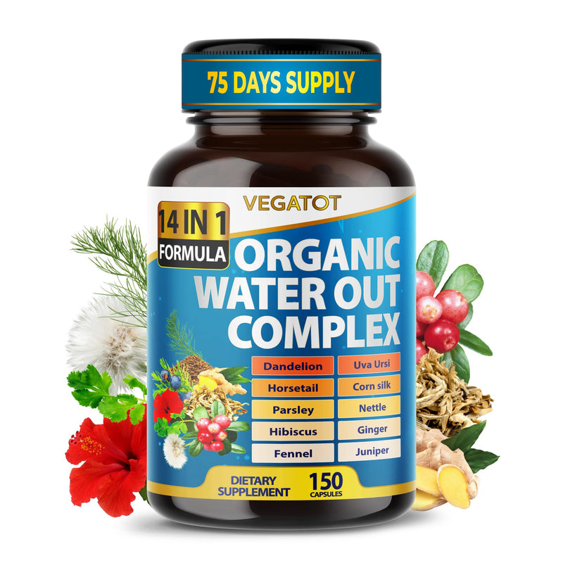 [Australia] - VEGATOT Organic Water Out Complex - 14-in-1 Formula - with Dandelion Uva Ursi Horsetail Corn Silk Parsley Nettle Hibiscus Ginger 150 count (pack of 1) 