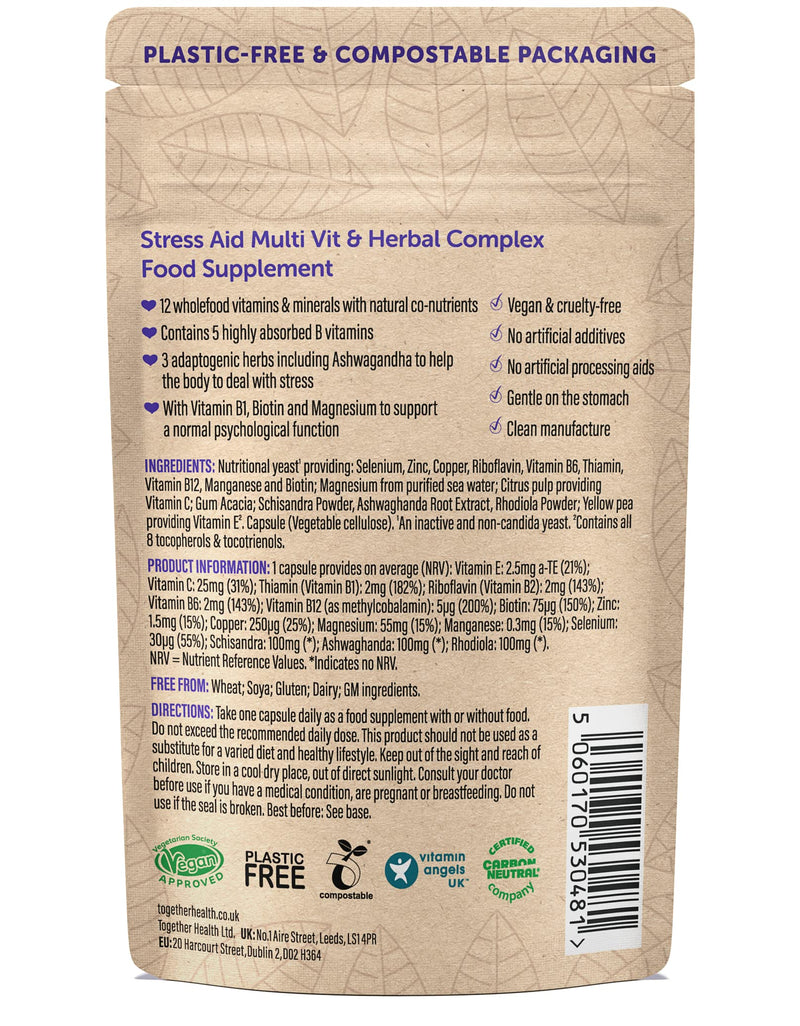 Stress Aid Complex – Together Health – 5 Essential B Vitamins – Schisandra, Ashwagandha & Rhodiola – Ocean-Sourced Magnesium – Vegan Friendly – Made in The UK - 30 Vegecaps 1 count (Pack of 30)