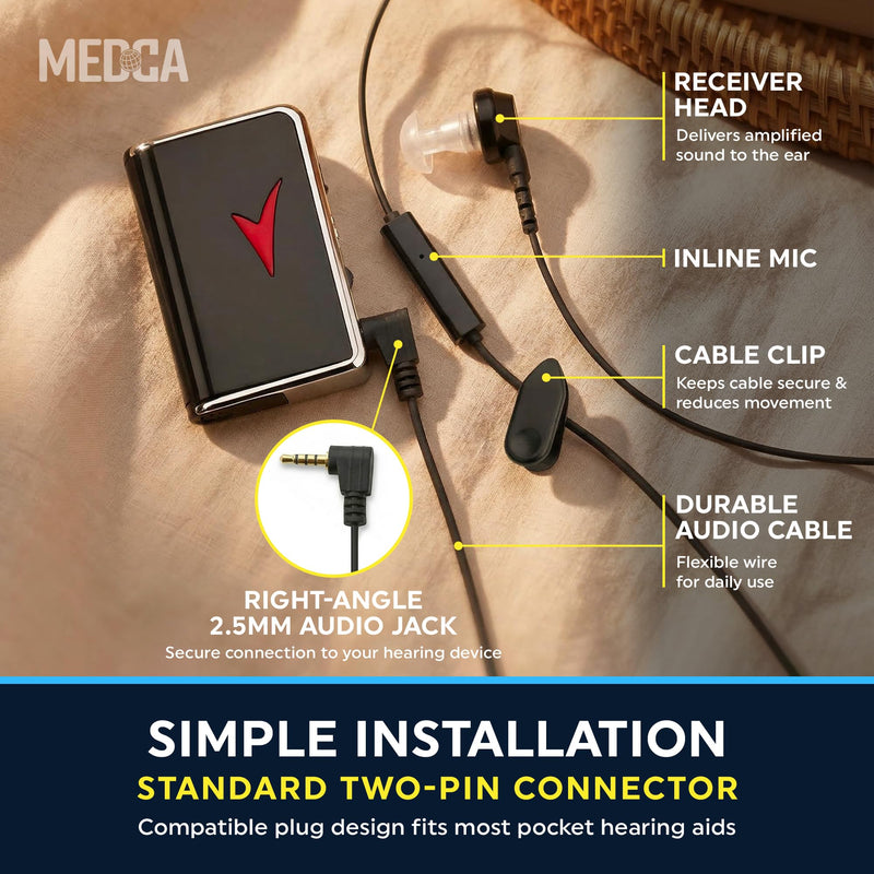 MEDca 2.5mm Hearing Aid Replacement Cord w/ 2-Pin Receiver & Earbud Set - Compatible with Pocket Hearing Aid Cable for Body Worn Sound Amplifiers - Personal Hearing Amplifier Accessory & 3 Ear Domes