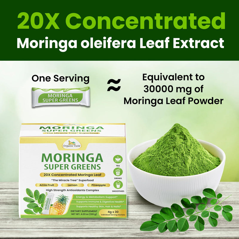 Organic Veda Moringa Powder Super Greens - Spirulina, Wheatgrass, Green Superfood Powder 20 X Concentrated Moringa Leaf Extract Antioxidants, Energy & Immunity Support - 30 Individual Serving Sachets