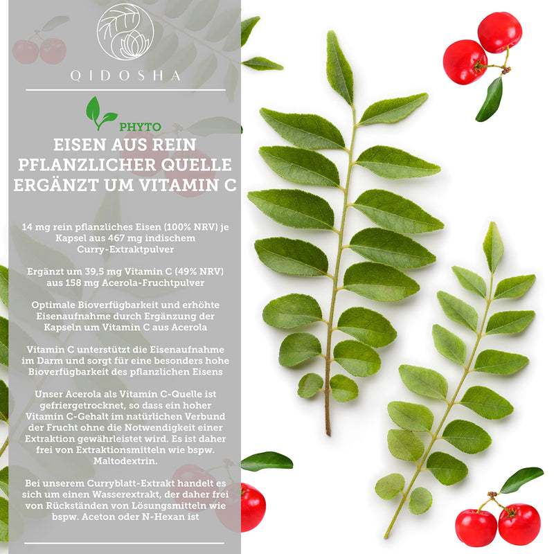 [Australia] - QIDOSHA® vegetable iron plus vitamin C capsules, 120 pieces in a glass, 14 mg per capsule of vegetable iron from curry leaf extract, supplemented with vitamin C from acerola fruit powder, laboratory tested, vegan high dose 89.7 g (pack of 1) 