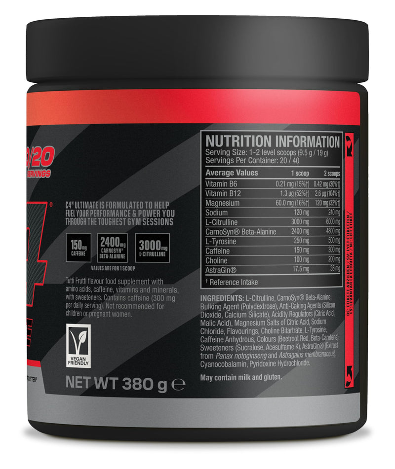 C4 Ultimate Pre Workout Powder Tutti Frutti 20 Servings, 40 if Single Scooped | Zero Sugar Pre Workout with Caffeine 300mg, L Citrulline 7000mg, Beta Alanine 4800mg, Vitamins and Electrolytes 20 Servings (Pack of 1)
