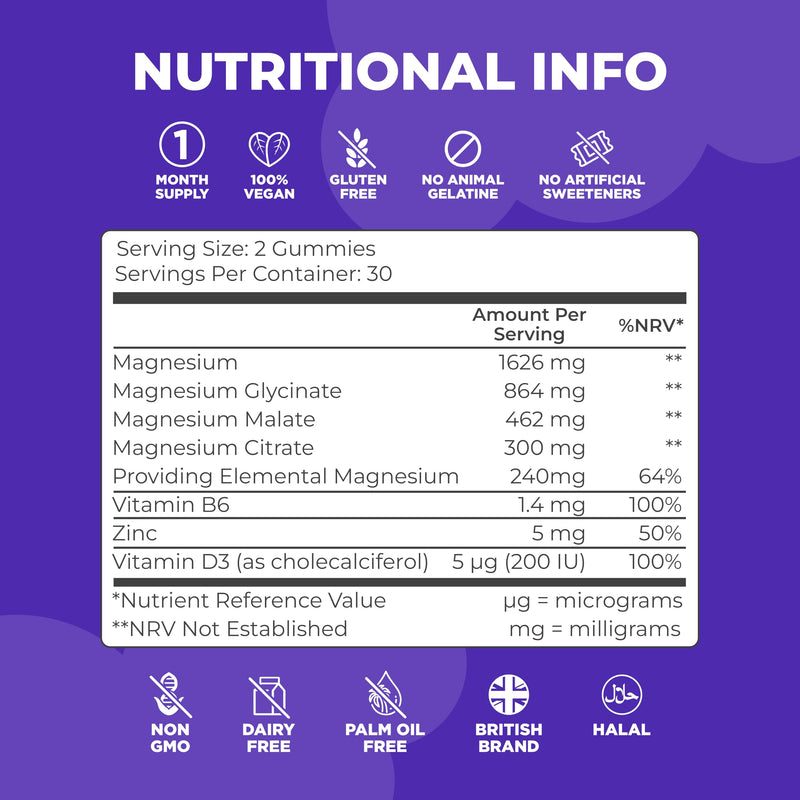 Magnesium Glycinate Gummies – 60 Vegan & Sugar-Free for Kids & Adults - Glycinate 3-in-1 Gummies with B6, Zinc & D3 – 240mg Elemental Magnesium for Sleep, Stress, Muscles & Bones Support 60 count (Pack of 1)