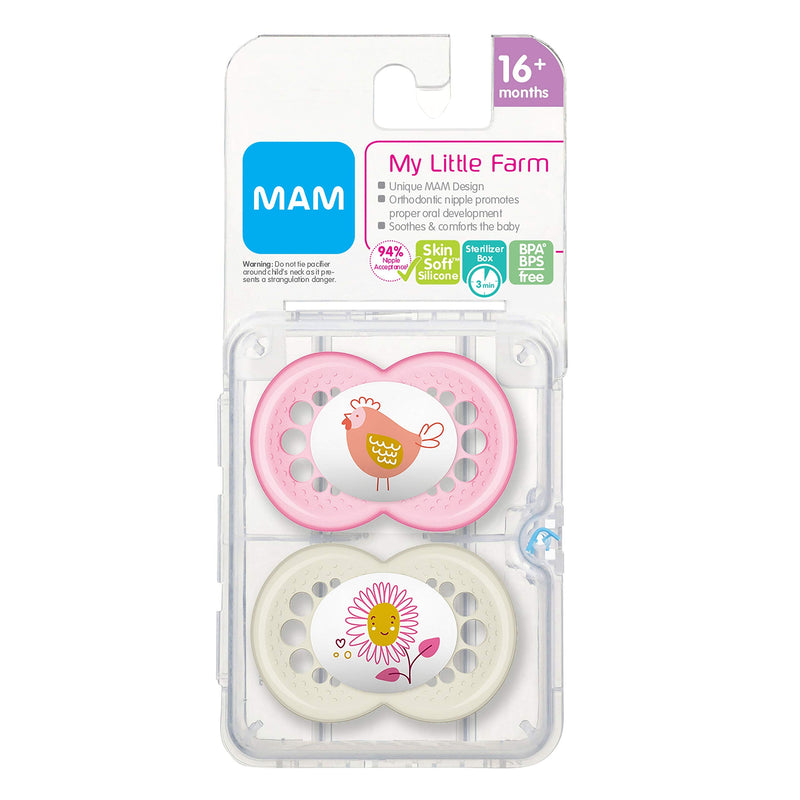 MAM Original Baby Pacifier, Nipple Shape Helps Promote Healthy Oral Development, Sterilizer Case,16+ Months, My Little Farm/Girl, 2 Count (Pack of 1) Pink Blush / Opaque 2 Count (Pack of 1) 2-Pack