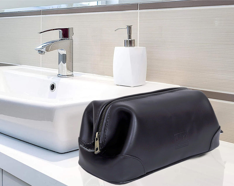 HLC Leather Toiletry Bag for Men Best Gift Premium Genuine Dopp Kit Shaving Kit Organizer Travel Kit Pouch Bag 10 inch Size (Black) Black