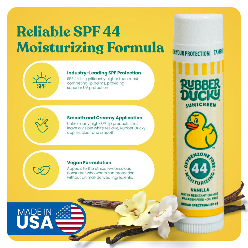 Rubber Ducky | Lip Balm with SPF 44, Water Resistant Sunscreen Lip Balm | Vegan, Untinted, Vanilla Flavor, with Vitamin E | All Season - Broad Spectrum Sunscreen for Lips 1 Count (Pack of 24)