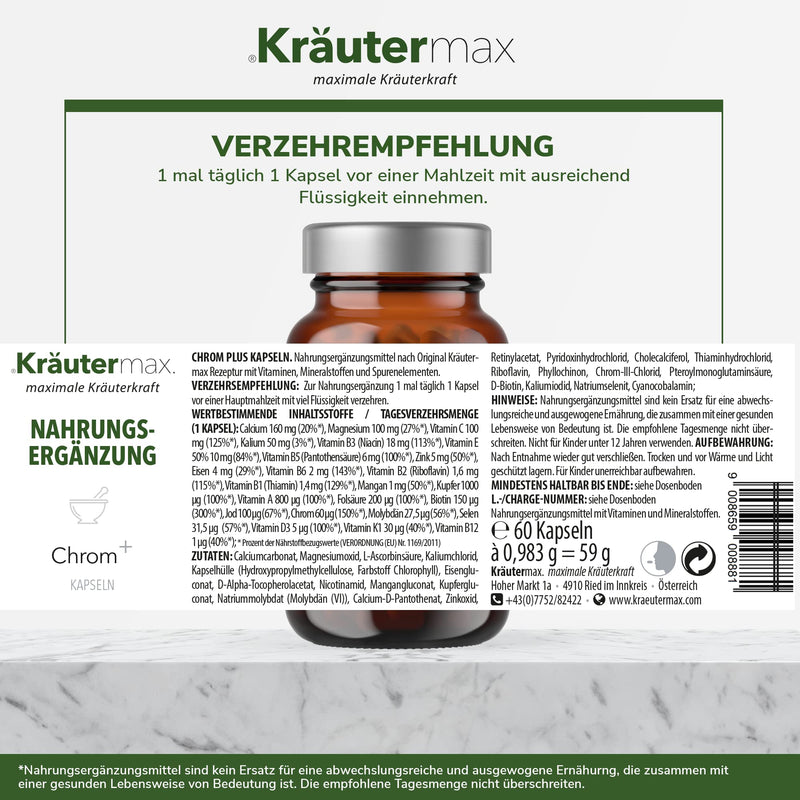 [Australia] - NEW! High-dose chromium capsules | Chromium tablets with zinc, selenium and manganese according to Kräutermax original recipe | Vegan - for maintaining normal blood sugar levels | 1 x 60 pieces 