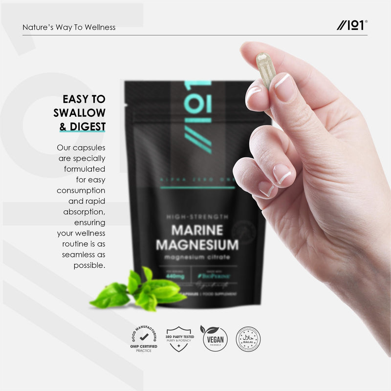 Marine Magnesium Citrate 1480mg with BioPerine® - Sourced from the Dead Sea - Providing 440mg Elemental Magnesium - Supports the Nervous System - Reduces Tiredness and Fatigue - 180 Vegan Capsules 180 count (Pack of 1)