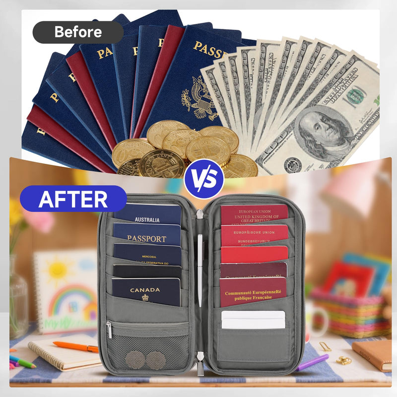 WALNEW Passport Holder Travel Family for 10, RFID Blocking Passport Wallet | Travel Documents Organizer with Zipper, for Cards, Cash, Boarding Passes, Tickets, International Travel Essentials Gray 10 passport slots